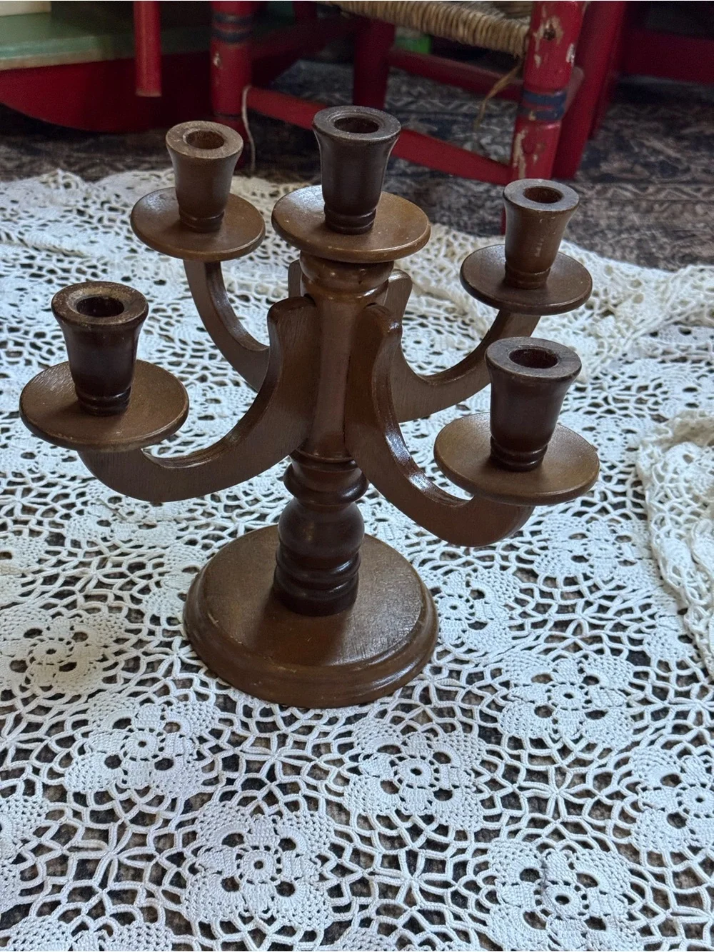 Vintage Wooden 5-Arm Candelabra Candle Holder Mid Century Colonial Decor